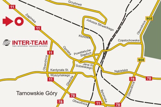 Mapa dojazdu do nowego oddziału Inter-Team w Tarnowskich Górach